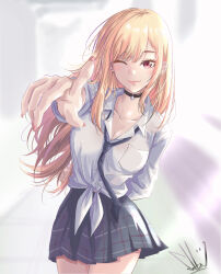 Rule 34 | 1girl, absurdres, arm behind back, black necktie, blonde hair, breast pocket, breasts, cleavage, closed mouth, earrings, fingernails, highres, jewelry, kirin 13, kitagawa marin, large breasts, lips, long fingernails, long hair, looking at viewer, miniskirt, multiple earrings, nail polish, necktie, one eye closed, pink nails, pleated skirt, pocket, pointing, pointing at viewer, red eyes, school uniform, shirt, signature, skirt, smile, solo, sono bisque doll wa koi wo suru, stud earrings, tied shirt, white background