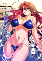 Rule 34 | 10s, 1girl, absurdres, beach, bikini, blue bikini, breasts, cleavage, collarbone, colored eyelashes, crab, gradient background, groin, highres, hip focus, huge breasts, ishida akira, long hair, lying, mannequin, maou (maoyuu), maoyuu maou yuusha, navel, on back, open mouth, partially submerged, promotional art, purple eyes, red hair, shiny clothes, side-tie bikini bottom, sideboob, slit pupils, solo, swimsuit, underboob, untied bikini, water, wet