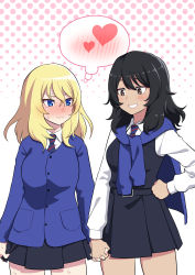 Rule 34 | 2girls, absurdres, andou (girls und panzer), bc freedom school uniform, black dress, black hair, black skirt, blonde hair, blue eyes, blue neckwear, blush, brown eyes, cardigan, closed mouth, commentary, dark-skinned female, dark skin, dia (yvirus68), diagonal stripes, dress, dress shirt, frown, girls und panzer, grin, hand on own hip, heart, highres, holding hands, long sleeves, looking at another, medium hair, messy hair, miniskirt, multiple girls, necktie, oshida (girls und panzer), pinafore dress, pink background, pleated skirt, polka dot, polka dot background, school uniform, shirt, short dress, skirt, sleeveless, sleeveless dress, smile, spoken blush, spoken heart, standing, striped neckwear, sweat, sweater, sweater around neck, symbol-only commentary, thought bubble, white shirt, wing collar, yuri