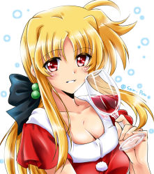 Rule 34 | 1girl, alcohol, black bow, blonde hair, bow, breasts, cleavage, cup, dated, dress, drinking glass, fate testarossa, grin, hair bobbles, hair bow, hair ornament, highres, holding, long hair, looking at viewer, lyrical nanoha, medium breasts, portrait, red dress, red eyes, san-pon, santa costume, smile, solo, twitter username, vivid strike!, wine, wine glass