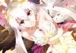 Rule 34 | 1girl, absurdres, angel wings, bare shoulders, black wings, breast hold, breasts, chain, cleavage, cleavage cutout, clothing cutout, collarbone, female focus, hair between eyes, hair ornament, highres, jewelry, large breasts, long hair, looking at viewer, mazjojo, metatron (soccer spirits), multicolored wings, multiple wings, nail polish, navel, necklace, parted lips, petals, red eyes, red nails, seraph, smile, soccer spirits, solo, underboob, white hair, white wings, wings