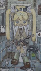 Rule 34 | 1girl, :|, ahoge, assault rifle, blonde hair, blue eyes, broom, brown footwear, brown necktie, brown skirt, brown sweater, cigarette butt, closed mouth, collared shirt, colored eyelashes, crossed legs, expressionless, food-themed hair ornament, full body, green socks, gun, ha4to, hair ornament, highres, ice cream cone, ice cream hair ornament, jitome, kneehighs, long hair, looking at viewer, mary janes, miniskirt, necktie, on toilet, original, restroom, rifle, shelf, shirt, shoes, sitting, skirt, socks, solo, straight-on, sweater, tile floor, tile wall, tiles, toilet, toilet paper, trash can, twintails, weapon, weapon on lap, weapon request, white shirt, window