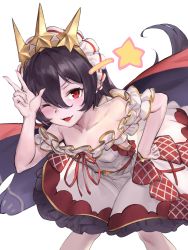 Rule 34 | 1girl, absurdres, atorosu, bare shoulders, black hair, blush, breasts, cagliostro (granblue fantasy), cagliostro (granblue fantasy) (cosplay), collarbone, cosplay, dress, fang, granblue fantasy, hair between eyes, highres, illya (small) (princess connect!), illya (princess connect!), leaning forward, long hair, looking at viewer, one eye closed, open mouth, princess connect!, red eyes, simple background, small breasts, smile, solo, star (symbol), tiara, w, white background, white dress