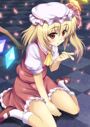 Rule 34 | 1girl, :o, ascot, bad id, bad pixiv id, blonde hair, blush, bobby socks, bow, checkered floor, embodiment of scarlet devil, female focus, flandre scarlet, floor, frilled skirt, frills, hat, hat bow, highres, looking at viewer, looking up, mary janes, petals, ponytail, rasahan, red eyes, shoes, short hair, side ponytail, sitting, skirt, skirt set, socks, solo, touhou, vest, wings