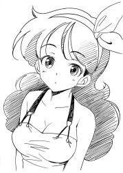 Rule 34 | 1girl, agahari, bare shoulders, blush, breasts, cleavage, curly hair, dragon ball, greyscale, hairband, long hair, lunch (dragon ball), lunch (good) (dragon ball), monochrome, open mouth, solo