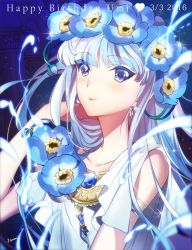 Rule 34 | 10s, 1990s (style), 1girl, 2016, armlet, blue background, blue eyes, blue flower, blue hair, blue theme, character name, closed mouth, collarbone, dated, earrings, english text, eyebrows, flower, flower request, gem, hair flip, hair flower, hair ornament, happy birthday, head wreath, iyutani, jewelry, long hair, looking at viewer, magic knight rayearth, matching hair/eyes, md5 mismatch, motion blur, necklace, official alternate costume, pink lips, resolution mismatch, retro artstyle, ryuuzaki umi, signature, smile, solo, source smaller, sparkle, upper body, water