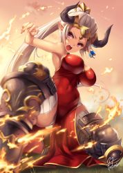 Rule 34 | 10s, 1girl, aliza (granblue fantasy), armpits, bad id, bad pixiv id, bare shoulders, breasts, china dress, chinese clothes, covered navel, draph, dress, earrings, fire, forehead protector, fukai ryosuke, granblue fantasy, horns, jewelry, large breasts, long hair, open mouth, pelvic curtain, pointy ears, ponytail, side slit, silver hair, solo
