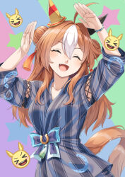 Rule 34 | 1girl, :d, ^ ^, ahoge, animal ears, arms up, blue bow, bow, brown hair, closed eyes, commentary request, copano rickey (umamusume), double bun, emoji, facing viewer, fang, hair bun, hair intakes, horse ears, horse girl, horse tail, japanese clothes, kimono, long hair, long sleeves, miri (ago550421), multicolored hair, open mouth, smile, solo, star (symbol), starry background, striped clothes, striped kimono, tail, tracen ondo outfit (umamusume), two-tone hair, umamusume, vertical-striped clothes, vertical-striped kimono, very long hair, white hair, wide sleeves