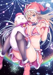Rule 34 | 1girl, :d, absurdres, antenna hair, bell, bikini, bikini top only, black thighhighs, blue eyes, boots, breasts, brown hair, capelet, christmas, cleavage, convenient leg, hand up, hat, highres, knees up, large breasts, long hair, looking at viewer, miniskirt, multicolored hair, open mouth, original, rainbow, red bikini, red footwear, red hat, red ribbon, red skirt, ribbon, santa bikini, santa hat, skirt, smile, snowflakes, snowman, solo, swimsuit, tenzeru, thighhighs, very long hair