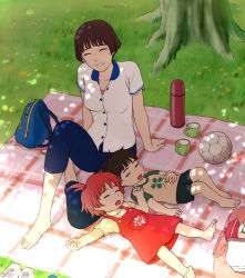 Rule 34 | 00s, 1boy, 2girls, arm rest, backpack, bag, ball, barefoot, blanket, brown eyes, brown hair, capri pants, clenched hand, closed eyes, crossed legs, cup, dappled sunlight, dress, gake no ue no ponyo, grass, grin, hand on own stomach, handbag, jas (littlecrime), knee up, lisa (ponyo), lying, mother and son, multiple girls, on back, open mouth, overall skirt, pants, picnic, pinafore dress, ponyo, red hair, shirt, shoes, short hair, shorts, side ponytail, sitting, sleeping, sleeping on person, sleeveless, sleeveless dress, smile, soccer ball, sosuke, studio ghibli, sunlight, thermos, tree, unworn shoes