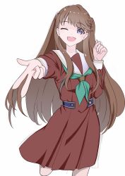 Rule 34 | 1girl, ;d, aqua neckerchief, brown dress, brown hair, cowboy shot, dress, foreshortening, fujishima megumi, grey eyes, gyaru v, hand up, hashtag-only commentary, hasu no sora school uniform, highres, leg up, link! like! love live!, long hair, long sleeves, looking at viewer, love live!, medium dress, mimkai, neckerchief, one eye closed, open mouth, outstretched arm, pleated dress, sailor collar, sailor dress, school uniform, simple background, smile, solo, two side up, v, very long hair, virtual youtuber, white background, white sailor collar, winter uniform