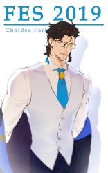 Rule 34 | 1boy, absurdres, black hair, blue jacket, blue neckwear, collared shirt, diarmuid ua duibhne (saber) (fate), elle shengxuan shi, fate/grand order, fate (series), formal, glasses, highres, jacket, looking at viewer, male focus, necktie, official alternate costume, shirt, smile, upper body, vest, white shirt, white vest