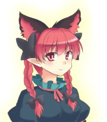 Rule 34 | 1girl, animal ears, black bow, blush, bow, braid, cat ears, gradient background, hair bow, isaki (gomi), kaenbyou rin, looking at viewer, pointy ears, red eyes, red hair, short hair, smile, solo, touhou, twin braids, upper body