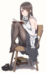 Rule 34 | 1girl, apron, armpit crease, ass, bare shoulders, black dress, black footwear, black hair, black pantyhose, black ribbon, book, book stack, breasts, chair, dress, elbow gloves, fangxiang cuoluan, feet, frilled dress, frills, full body, gloves, highres, holding, knees up, long hair, looking at viewer, maid, maid apron, mary janes, medium breasts, neck ribbon, open book, original, pantyhose, parted lips, plantar flexion, red eyes, ribbon, shoes, unworn shoes, sidelocks, simple background, sitting, skindentation, sleeveless, sleeveless dress, solo, thighband pantyhose, white background, white gloves, wide-eyed, wing collar