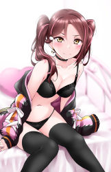Rule 34 | 1girl, alternate hairstyle, bed, bed sheet, black bra, black choker, black panties, black thighhighs, blush, bra, bra strap, breasts, choker, cleavage, collarbone, earrings, hair over shoulder, heart, heart-shaped pillow, highres, jacket, jewelry, lace, lace-trimmed bra, lace-trimmed panties, lace trim, long sleeves, love live!, love live! sunshine!!, multicolored hair, navel, on bed, open clothes, open jacket, panties, pillow, red hair, sakurauchi riko, simple background, sitting, small breasts, solo, star (symbol), star tattoo, streaked hair, string panties, tattoo, thighhighs, twintails, underwear, white background, yopparai oni