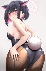 Rule 34 | 1girl, absurdres, alternate costume, animal ears, ass, backless leotard, black hair, black leotard, blue archive, blush, breasts, brown pantyhose, cat ears, chumo 1021, closed mouth, colored inner hair, commentary request, embarrassed, extra ears, fake tail, grey background, hair ornament, hairclip, halo, hand on own ass, highres, kazusa (blue archive), leotard, looking at viewer, looking back, multicolored hair, pantyhose, pink hair, pink halo, playboy bunny, rabbit tail, red eyes, short hair, simple background, small breasts, solo, standing, strapless, strapless leotard, streaked hair, tail