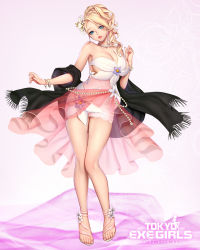Rule 34 | 1girl, bare shoulders, blonde hair, blue eyes, bracelet, breasts, collar, collarbone, dress, feet, fingernails, floral background, flower, full body, gradient background, hair flower, hair ornament, highres, jewelry, large breasts, lips, logo, long hair, looking at viewer, masami chie, mole, mole under mouth, official art, parted lips, see-through, short dress, simple background, solo, standing, strapless, strapless dress, toeless footwear, toes, tokyo exe girls