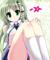 Rule 34 | 1girl, breasts, detached sleeves, fa no hito, female focus, frog, green eyes, green hair, hair ornament, kochiya sanae, long hair, matching hair/eyes, necktie, no bra, open clothes, open shirt, shirt, sitting, snake, solo, touhou, white background