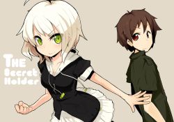 Rule 34 | 1boy, 1girl, ahoge, bad id, bad pixiv id, blush, brown hair, clenched hand, collarbone, dress shirt, expressionless, eyes visible through hair, frilled skirt, frills, green eyes, grin, hood, hoodie, katsudansou, original, outstretched arm, outstretched hand, red eyes, shirt, short sleeves, skirt, smile, white hair