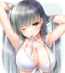Rule 34 | 10s, 1girl, aqua eyes, aqua hair, armpits, arms up, bikini, breasts, cleavage, collarbone, front-tie bikini top, front-tie top, hair lift, hair ornament, hairclip, hands in hair, kantai collection, large breasts, long hair, looking at viewer, mouth hold, one eye closed, simple background, sketch, smile, solo, suien, suzuya (kancolle), swimsuit, upper body, white background, white bikini