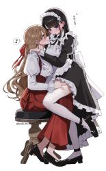 2girls akatsuki_mikoto aoi_rei apron black_dress black_hair black_shoes blue_eyes blush brown_hair dress hair_ribbon hand_on_another&#039;s_thigh high_heels highres juliet_sleeves kudo_eru long_hair long_sleeves maid maid_apron maid_headdress multiple_girls musical_note open_mouth original parted_lips pinafore_dress puffy_sleeves red_dress red_eyes red_ribbon ribbon shirt shoes simple_background sleeveless sleeveless_dress smile spoken_musical_note stool thighhighs translation_request white_apron white_background white_headdress white_shirt white_thighhighs yuri