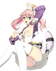 Rule 34 | 10s, 1girl, arm up, atelier (series), atelier escha &amp; logy, breasts, caryo, escha malier, female focus, green eyes, hat, legs, long hair, nipples, no bra, open mouth, panties, pink hair, small breasts, solo, tail, tears, thighhighs, torn clothes, twintails, underwear, wardrobe malfunction, white thighhighs