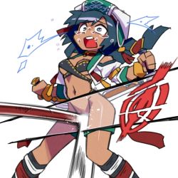 Rule 34 | 1girl, black hair, breasts, cannsk, cunt punt, dark skin, hat, navel, open mouth, ryona, simple background, soul calibur, talim, tonfa, underboob, weapon, white background, x-ray