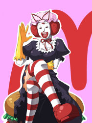 Rule 34 | 1girl, afro, cosplay, female focus, gloves, hat, hirase yuu, looking at viewer, mcdonald&#039;s, mob cap, pink hat, ronald mcdonald, sitting, solo, striped clothes, striped thighhighs, thighhighs, touhou, yakumo yukari, yakumo yukari (cosplay), yellow gloves, zettai ryouiki