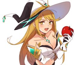 Rule 34 | 1girl, alternate costume, apple, blonde hair, breast hold, breasts, choker, cleavage, detached sleeves, earrings, food, fruit, gloves, hand up, hat, highres, holding, holding food, jewelry, kamu (kamuuei), light blush, long hair, looking at viewer, midriff, mythra (xenoblade), open mouth, solo, standing, swept bangs, upper body, very long hair, white background, witch hat, xenoblade chronicles (series), xenoblade chronicles 2, yellow eyes