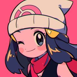 Rule 34 | 1girl, ;), beanie, black hair, black shirt, blush stickers, chueog, closed mouth, commentary, creatures (company), dawn (pokemon), eyelashes, game freak, grey eyes, hair ornament, hairclip, hat, long hair, looking at viewer, nintendo, one eye closed, pink background, pokemon, pokemon dppt, red scarf, scarf, shirt, simple background, sleeveless, sleeveless shirt, smile, solo, upper body, white hat