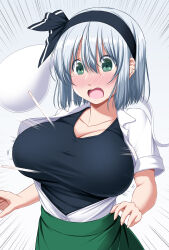 Rule 34 | !, 1girl, :o, black hairband, black undershirt, blush, breasts, bursting breasts, commentary request, gradient background, green eyes, green skirt, grey background, hair between eyes, hairband, highres, konpaku youmu, konpaku youmu (ghost), large breasts, nori tamago, nose blush, open clothes, open mouth, open shirt, popped button, shirt, short hair, short sleeves, simple background, skirt, solo, sweatdrop, taut clothes, touhou, white hair, white shirt