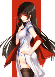 Rule 34 | 1girl, ass, bison cangshu, black thighhighs, blunt bangs, blush, breasts, china dress, chinese clothes, dress, finger to mouth, fringe trim, from behind, hand up, heart, index finger raised, long hair, looking at viewer, looking back, medium breasts, no panties, original, parted lips, shade, shawl, short sleeves, shushing, side slit, sidelocks, smile, solo, thighhighs, thighs, very long hair