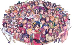 Rule 34 | character request, cleo (suikoden), closed mouth, flik (suikoden), gensou suikoden, gensou suikoden i, gremio (suikoden), highres, jeane (suikoden), kasumi (suikoden), long hair, looking at viewer, luc (suikoden), medium hair, multiple girls, odessa silverberg, open mouth, pahn (suikoden), sakai (motomei), short hair, simple background, smile, ted (suikoden), tir mcdohl, viki (suikoden), viktor (suikoden), white background