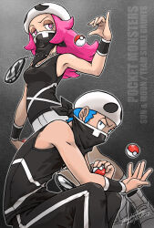 Rule 34 | 1boy, 1girl, bandana, bandana over mouth, black pants, black shirt, black wristband, blue hair, bright pupils, character name, commentary request, copyright name, creatures (company), eyelashes, eyeshadow, game freak, grey background, half-closed eyes, hand up, hat, jewelry, long hair, looking to the side, makeup, necklace, nintendo, pants, pink eyes, pink hair, poke ball, poke ball (basic), pokemon, pokemon sm, shirt, shorts, sleeveless, sleeveless shirt, team skull, team skull grunt, team skull uniform, wackybee, white headwear, white pupils