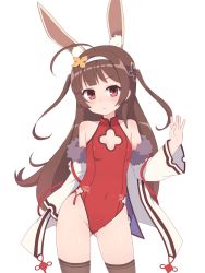 Rule 34 | 1girl, ahoge, alternate hairstyle, animal ears, arm behind back, azur lane, bare shoulders, black hair, black thighhighs, blue ribbon, blunt bangs, blush, breasts, cleavage cutout, closed mouth, clothing cutout, commentary request, contrapposto, covered navel, cowboy shot, fake animal ears, fur trim, gluteal fold, groin, hair down, hair ornament, halterneck, hand up, hatomugi (oudon konekone), headband, highleg, highleg leotard, highres, hip focus, jacket, legs apart, leotard, light smile, long hair, long sleeves, looking at viewer, off shoulder, open clothes, open jacket, ping hai (azur lane), ping hai (osmanthus moon rabbit) (azur lane), playboy bunny, rabbit ears, red eyes, red leotard, ribbon, side-tie leotard, side slit, simple background, small breasts, smile, solo, standing, tassel, thighhighs, turtleneck, two side up, very long hair, waving, white jacket, wide sleeves