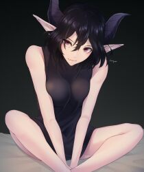 Rule 34 | 1girl, absurdres, bare shoulders, bed sheet, black hair, black sweater, breast press, breasts, closed mouth, commentary, demon girl, demon horns, fangs, feet out of frame, hair between eyes, highres, horns, kinsou no vermeil, knees apart feet together, medium breasts, medium hair, meme attire, pointy ears, red eyes, signature, sitting, skin fangs, solo, sweater, vermeil (kinsou no vermeil), virgin killer sweater, yunigack
