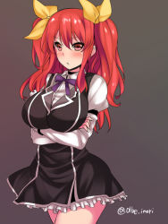 Rule 34 | 10s, 1girl, abe inori, breasts, crossed arms, dress, female focus, large breasts, long hair, rakudai kishi no cavalry, red hair, simple background, solo, stella vermillion