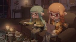 Rule 34 | 2girls, :d, :o, black pantyhose, black skirt, blush, book, bookshelf, braid, cake, cake slice, candle, cardigan, collared shirt, controller, couch, crossed legs, cup, food, fork, green hair, green jacket, grey eyes, highres, holding, holding book, holding remote control, indoors, inkling, inkling girl, inkling player character, jacket, jacket on shoulders, living room, long hair, mug, multiple girls, nintendo, oekaki azu, on couch, open mouth, orange hair, pants, pantyhose, phonograph, pointy ears, reading, red eyes, remote control, shirt, single braid, sitting, skirt, smile, splatoon (series), sweater, table, tentacle hair, torn clothes, torn pants, turtleneck, turtleneck sweater, unfinished, unworn eyewear, white shirt, yellow cardigan, yellow sweater