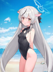 Rule 34 | 1girl, :o, absurdres, animal ear fluff, animal ears, arms behind back, bare shoulders, beach, black hair, black one-piece swimsuit, black ribbon, blue archive, blue sky, blush, breasts, bubble, casual one-piece swimsuit, cloud, commentary request, cowboy shot, day, diamond cutout, fubuki rinne, grey hair, hair ribbon, halo, highres, horizon, kokona (blue archive), long hair, looking at viewer, multicolored hair, ocean, one-piece swimsuit, orange eyes, outdoors, parted lips, ribbon, seashell, shell, shore, sky, small breasts, solo, streaked hair, striped clothes, striped one-piece swimsuit, swimsuit, tiger ears, vertical-striped clothes, vertical-striped one-piece swimsuit, very long hair, water
