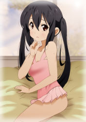 Rule 34 | 1girl, arm support, bad id, bad pixiv id, bare shoulders, black hair, blush, brown eyes, casual one-piece swimsuit, image sample, k-on!, long hair, nakano azusa, one-piece swimsuit, open mouth, pink one-piece swimsuit, pixiv sample, sitting, solo, sweat, swimsuit, tears, twintails, yamasaki wataru