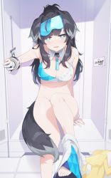 Rule 34 | 1girl, absurdres, animal ears, barefoot, black hair, blue archive, blue eyes, blush, bottomless, bracelet, breasts, cleavage, commentary, copyright name, crop top, dog ears, dog tail, gloves, goggles, goggles on head, hibiki (blue archive), hibiki (cheer squad) (blue archive), highres, id card, in locker, jewelry, knee up, large breasts, long hair, looking at viewer, millennium cheerleader outfit (blue archive), mokew, navel, no panties, open mouth, partially fingerless gloves, pom pom (cheerleading), ponytail, sitting, skirt, skirt around one leg, solo, stomach, sweat, tail, white gloves