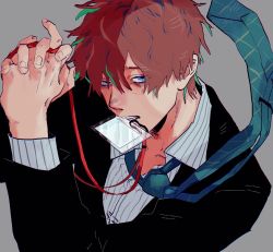 Rule 34 | 1boy, blue eyes, formal, grey background, hair between eyes, highres, holding, hypnosis mic, jacket, kannonzaka doppo, lanyard, long sleeves, looking at viewer, male focus, mouth hold, necktie, own hands clasped, own hands together, red hair, shirt, simple background, solo, striped clothes, striped shirt, suit, upper body, vertical-striped clothes, vertical-striped shirt, yasutatsu (amazu)