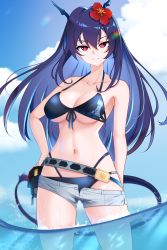 Rule 34 | 1girl, absurdres, arknights, belt, bikini, blue bikini, blue hair, blue sky, breasts, ch&#039;en (arknights), closed mouth, clothes pull, cloud, cloudy sky, collarbone, cowboy shot, flower, front-tie bikini top, front-tie top, hair between eyes, hair flower, hair ornament, hand on own hip, highres, horns, large breasts, long hair, looking at viewer, navel, red eyes, shorts, shorts pull, sky, solo, swimsuit, tail, wading, water, z.taiga