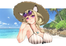 Rule 34 | 1girl, animal ear fluff, animal ears, aqua nails, arknights, bare arms, bare shoulders, bikini, blonde hair, blue sky, braid, breasts, cleavage, cloud, commentary request, cropped torso, day, eyewear on head, fang, grey bikini, hair over shoulder, hand up, hat, head tilt, jewelry, large breasts, long hair, looking at viewer, nail polish, ocean, official alternate costume, outdoors, pendant, purple eyes, side braid, skin fang, sky, smile, solo, striped bikini, striped clothes, sun hat, sunglasses on head, swimsuit, tree, upper body, utage (arknights), utage (summer flowers) (arknights), water, yamauchi (conan-comy)