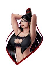 Rule 34 | 1girl, arms behind head, arms up, bayonetta, bayonetta, bayonetta (series), beehive hairdo, black-framed eyewear, black hair, blue eyes, breasts, cat cutout, cat lingerie, cleavage, cleavage cutout, clothing cutout, earrings, glasses, highres, jewelry, large breasts, lingerie, lipstick, long hair, looking at viewer, makeup, meme attire, mole, mole under mouth, navel, realistic, scyfon, simple background, solo, underwear, underwear only, upper body, very long hair, white background