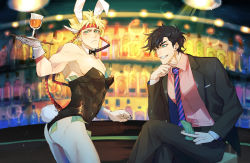 Rule 34 | 2boys, abs, absurdres, alcohol, alternate costume, animal ears, arched back, armpits, ass, bad id, bad pixiv id, banknote, bar (place), bare arms, bare shoulders, battle tendency, belt buckle, black legwear, black neckwear, black pants, blonde hair, blurry, bokeh, bow, bowtie, brown hair, buckle, caesar anthonio zeppeli, clenched hand, collared shirt, crossdressing, cup, depth of field, detached collar, dollar bill, drinking glass, facial mark, fake animal ears, fake tail, feather hair ornament, feathers, formal, gloves, green eyes, grin, hair ornament, hand on own chin, head rest, headband, highres, holding, holding money, holding tray, indoors, jojo no kimyou na bouken, joseph joestar, joseph joestar (young), lamp, leotard, light, light particles, light rays, liquor, looking at another, male focus, male playboy bunny, money, multiple boys, muscular, necktie, neckwear request, one eye closed, pants, pectorals, playboy bunny, rabbit ears, rabbit tail, satosi peter, shiny clothes, shirt, short hair, sitting, skin tight, smile, spiked hair, standing, striped neckwear, suit, tail, tray, tucked money, twisted torso, white gloves, wrist cuffs
