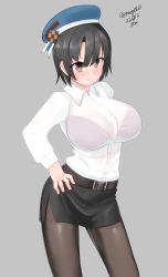 Rule 34 | 1girl, absurdres, beret, black hair, black pantyhose, black skirt, bra visible through clothes, breasts, collared shirt, contrapposto, cowboy shot, dated, grey background, hat, highres, kantai collection, large breasts, maru (marg0613), one-hour drawing challenge, pantyhose, pencil skirt, red eyes, shirt, short hair, simple background, skirt, skirt hold, solo, standing, takao (kancolle), twitter username, white shirt