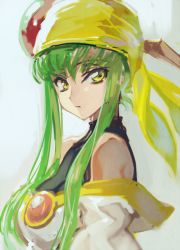 Rule 34 | 1990s (style), 1girl, bandana, bare shoulders, c.c., code geass, cosplay, creayus, gradient background, green hair, lime (saber j), lime (saber j) (cosplay), looking at viewer, retro artstyle, saber marionette j, sleeveless, solo, yellow eyes