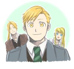 Rule 34 | &gt;:d, 1girl, 2boys, alphonse elric, blonde hair, blue background, brothers, close-up, coat, edward elric, fullmetal alchemist, gradient background, happy, long hair, looking at viewer, multiple boys, necktie, open mouth, shirt, short hair, siblings, simple background, smile, upper body, v-shaped eyebrows, vest, white background, white shirt, winry rockbell, yellow eyes