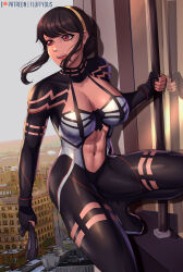 Rule 34 | 1girl, abs, absurdres, black bodysuit, black gloves, black hair, bodysuit, breasts, cityscape, cleavage cutout, clothing cutout, cosplay, facing to the side, fluffydus, gloves, hair bun, hanging on, highres, holding, holding mask, large breasts, marvel, mask, mixed-language commentary, muscular, muscular female, navel cutout, open mouth, outdoors, partially fingerless gloves, patreon username, red eyes, reflection, short hair with long locks, sky, smile, solo, spider-man, spider-man (cosplay), spider-man (series), spy x family, teeth, two-tone bodysuit, upper teeth only, white bodysuit, window, yor briar